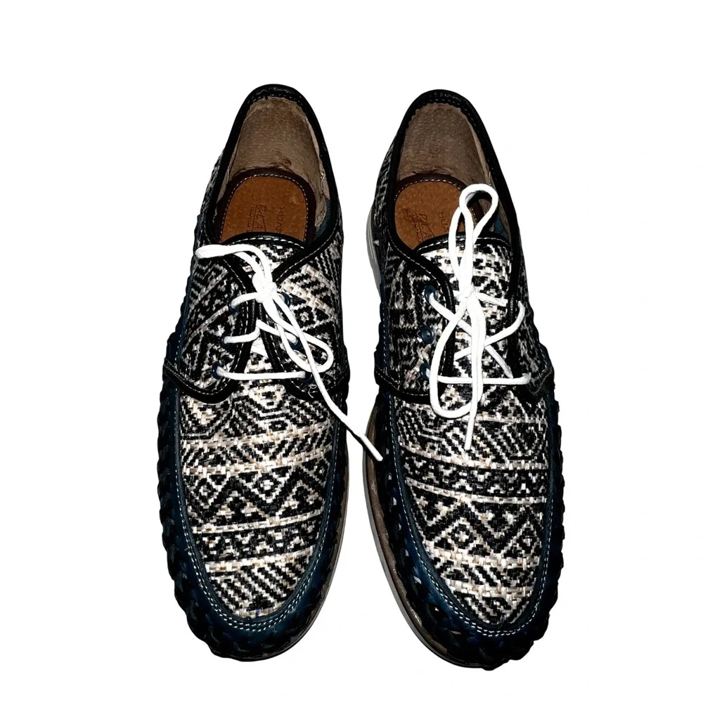 Huaraches Playera Men Navy Blue Woven Leather Geometric Lace Up Shoes Mexico